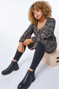 Black Curve Paisley Button Detail Tunic