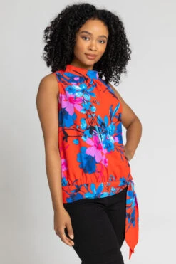 Red Petite Floral Print High Neck Tie Top