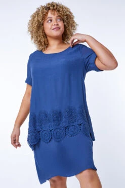 Navy Curve Lace Trim Tunic Dress