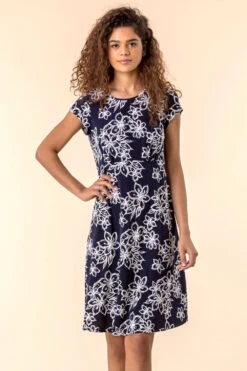 Navy Floral Print Tea Dress