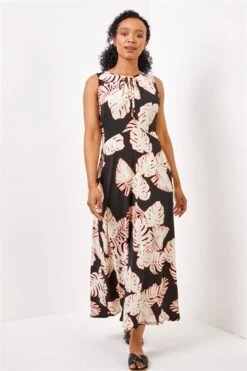 Black Petite Tropical Leaf Print Shift Dress