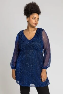 Royal Blue Curve Metallic Plisse Frill Neck Tunic Top