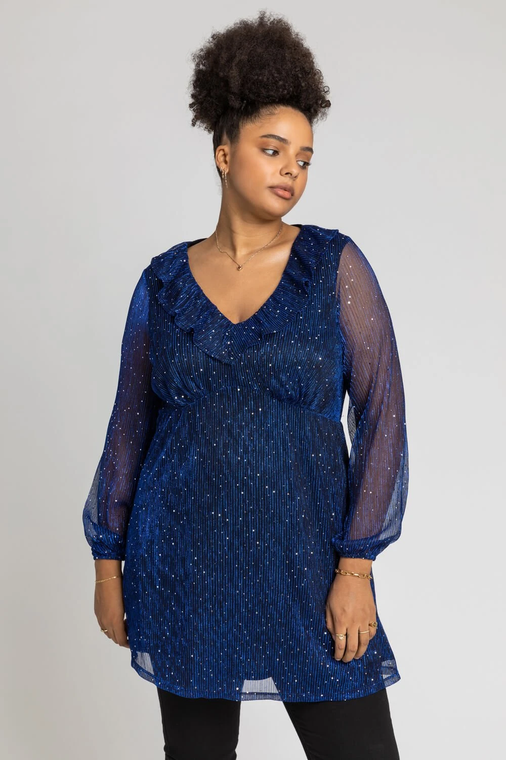Royal Blue Curve Metallic Plisse Frill Neck Tunic Top 3 Royal Blue Curve Metallic Plisse Frill Neck Tunic Top
