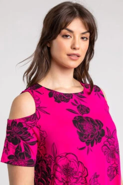Fuchsia Curve Floral Print Cold Shoulder Jersey Top -Outlet Modi Qube Store ba56067c 154a 47c4 9648 db8a93e286ca