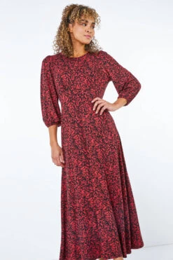 Rust Petite Floral Print Stretch Midi Dress