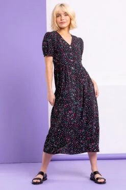 Black Ditsy Spot Print Button Down Dress