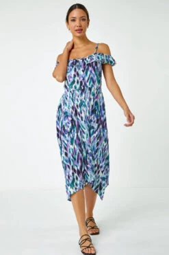 Purple Cold Shoulder Printed Midi Dress