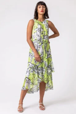 Lime Floral Tie Waist Dipped Hem Dress -Outlet Modi Qube Store bfd04618 4172 41f6 83b1 6a283b453800
