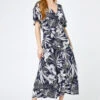Navy Petite Lily Print Ruched Midi Dress