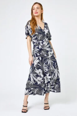 Navy Petite Lily Print Ruched Midi Dress