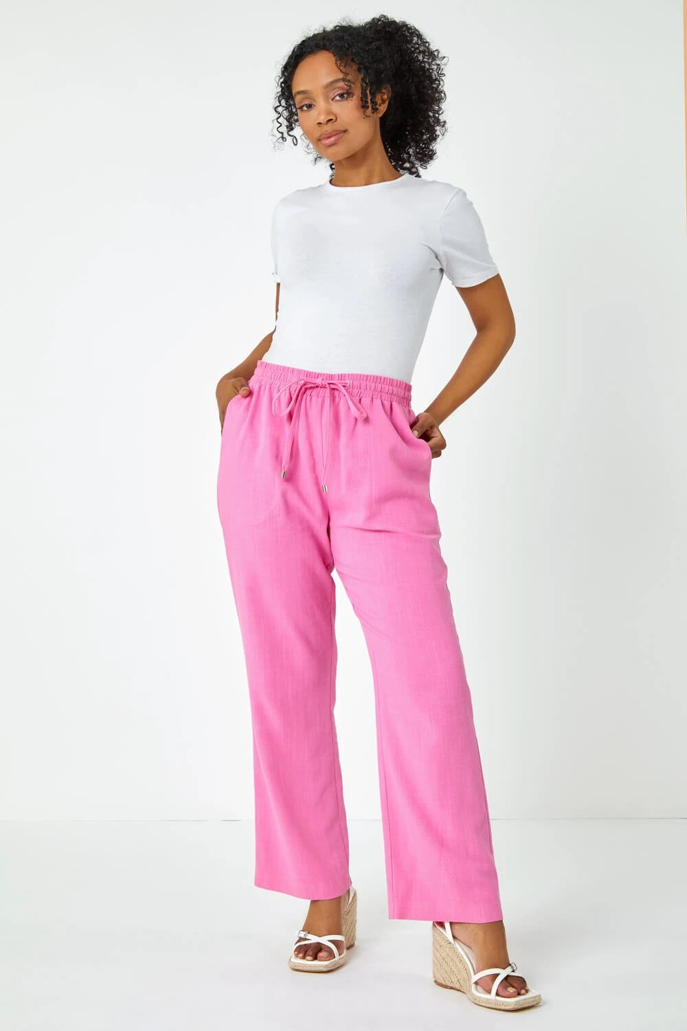 Pink Petite Wide Leg Linen Blend Trouser 6 Pink Petite Wide Leg Linen Blend Trouser - Image 4
