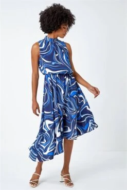 Blue Sleeveless Geometric Print Smock Dress