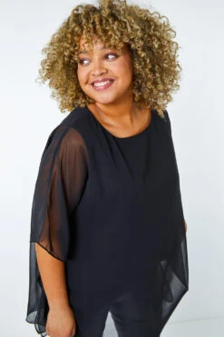 Black Curve Chiffon Overlay Top