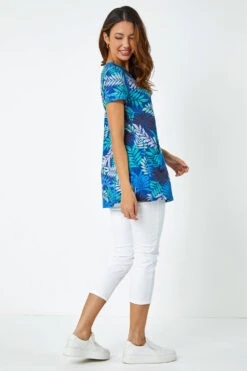 Blue Palm Print Pocket Tunic Stretch Top -Outlet Modi Qube Store c1f967e4 4cd4 4569 9008 733f9dd81866