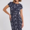 Navy White Floral Print Stretch Ruched Dress -Outlet Modi Qube Store c267a225 59b8 49b8 a1c7 008aca6d77e3