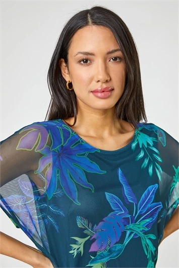 Navy Floral Print Mesh Overlay Top 3 Navy Floral Print Mesh Overlay Top