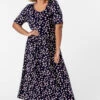 Navy Curve Ditsy Floral Print Midi Dress