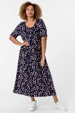 Navy Curve Ditsy Floral Print Midi Dress