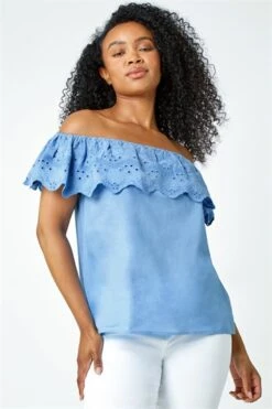 Blue Petite Denim Bardot Stretch Top -Outlet Modi Qube Store c4761a10 6ada 4aa2 a11a 340d2de81bd9