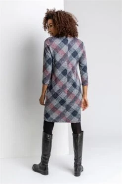 Navy Check Print Pocket Shift Dress