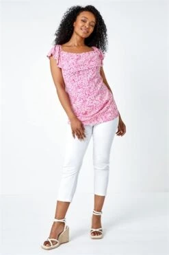 Light Pink Petite Embroidered Cotton Bardot Top