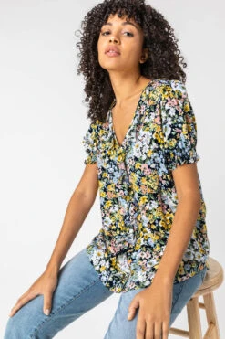 Blue Floral Print Frill Detail Blouse