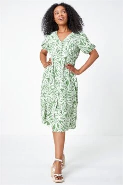 Green Petite Floral Print Shirred Midi Dress