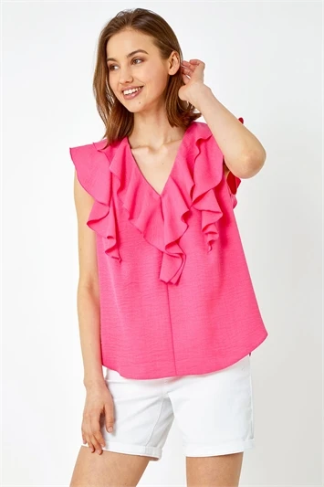 Cerise Frill Neck Plain Tie Detail Top 5 Cerise Frill Neck Plain Tie Detail Top - Image 3