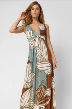 Blue Abstract Leaf Print V Neck Maxi Dress