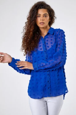 Royal Blue Textured Spot Button Up Blouse