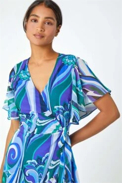 Ivory Abstract Chiffon Hanky Hem Midi Dress