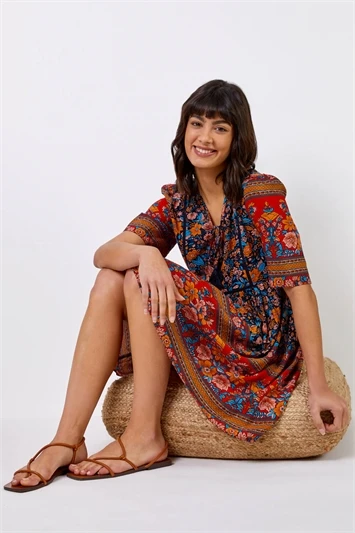 Beige Animal Print Frill Hem Smock Dress 6 Beige Animal Print Frill Hem Smock Dress - Image 4