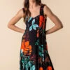 Black Tropical Print Panel Swing Dress