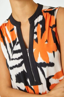 Orange Sleeveless Leaf Print Zip Top -Outlet Modi Qube Store ca6618c6 bde7 4ca8 b4d9 4993ebd2f5ef