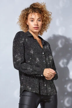 Outlet Modi Qube Store 8 Metallic Sparkle Button Through Blouse