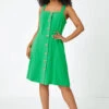 Green Petite Button Front Pocket Dress