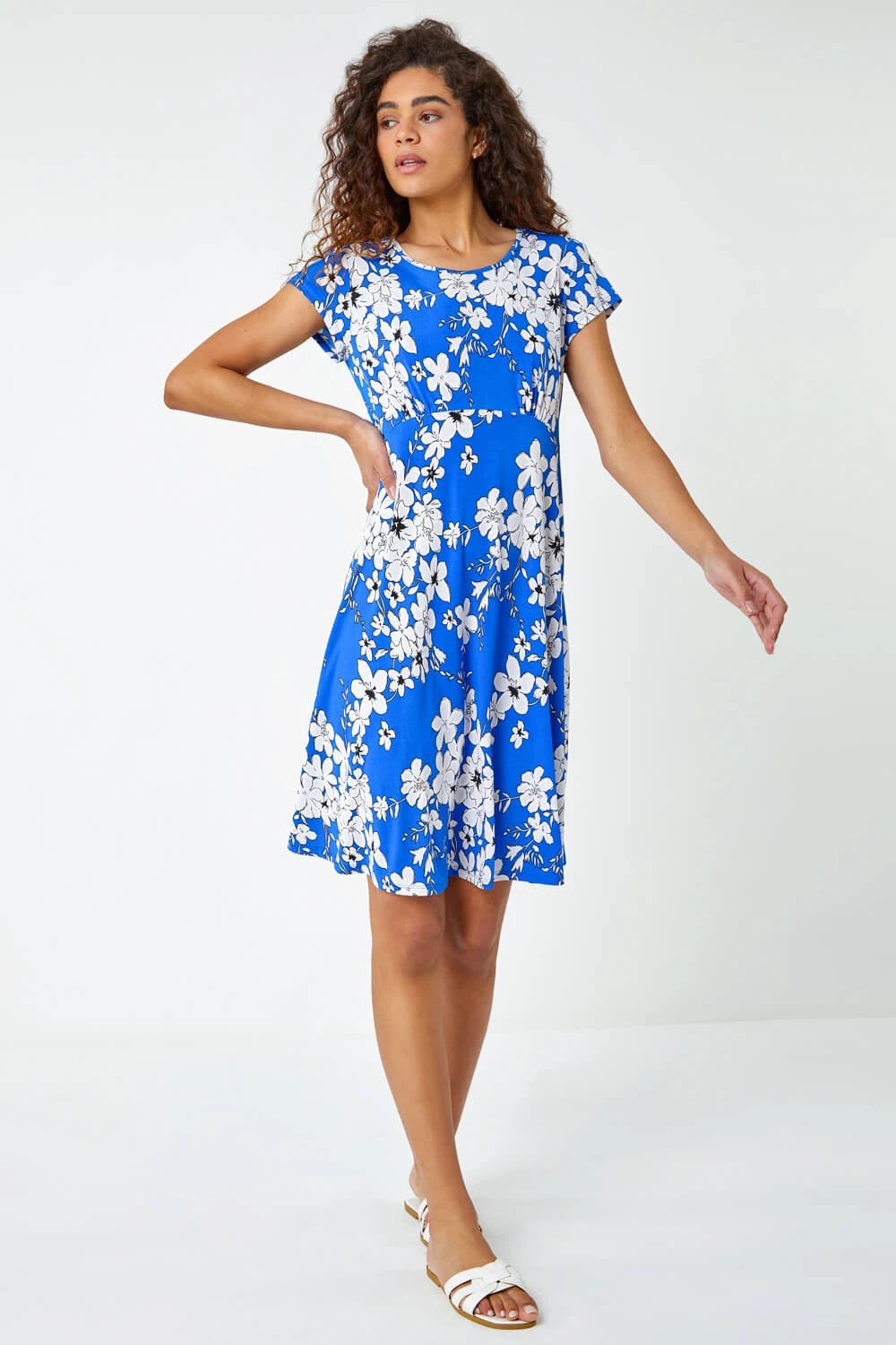 Royal Blue Textured Floral Print Tea Dress 4 Royal Blue Textured Floral Print Tea Dress - Image 2