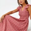 Pink Frill Sleeve Spot Shirred Midi Dress -Outlet Modi Qube Store cdd29b81 3e9c 4db0 be21 4623b3b97585