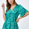 Green Paisley Print Stretch Jersey Wrap Top
