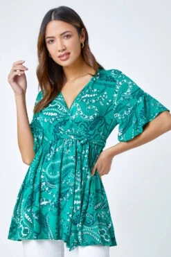 Green Paisley Print Stretch Jersey Wrap Top