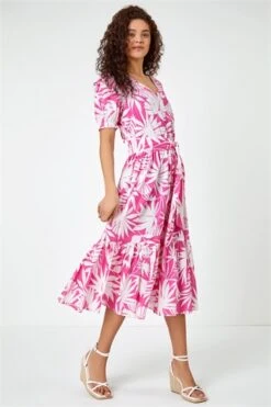 Pink Floral Frill Detail Chiffon Midi Dress -Outlet Modi Qube Store cfadcc97 9c45 432d a451 b14bf027a6b3