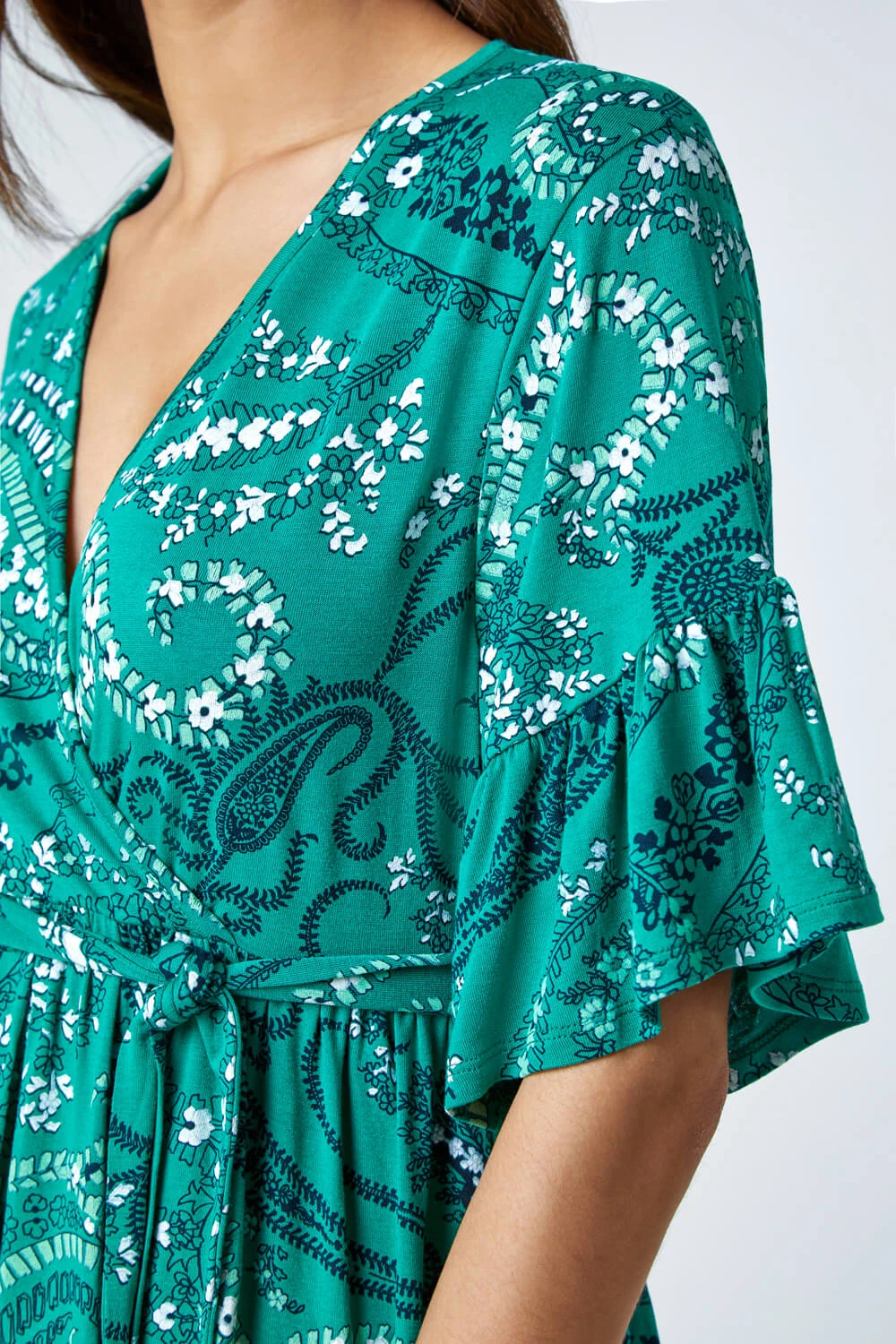 Green Paisley Print Stretch Jersey Wrap Top 7 Green Paisley Print Stretch Jersey Wrap Top - Image 5
