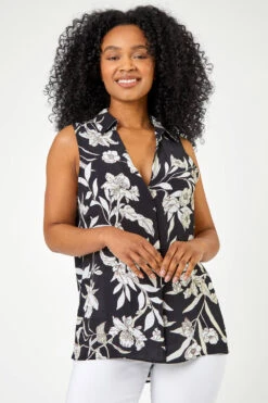 Black Petite Floral Print Shirt Collar Top