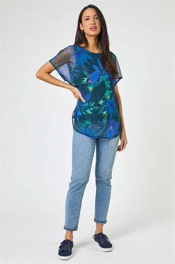 Navy Floral Print Mesh Overlay Top 6 Navy Floral Print Mesh Overlay Top - Image 4
