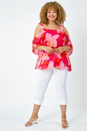 Orange Curve Leaf Print Cold Shoulder Top 4 Orange Curve Leaf Print Cold Shoulder Top - Image 2