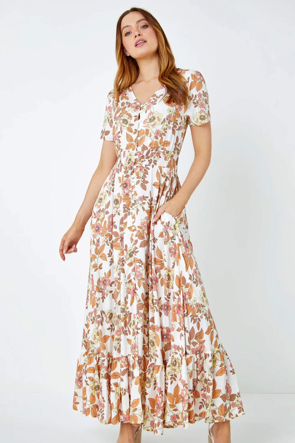 Coral Floral Print Button Detail Maxi Dress 6 Coral Floral Print Button Detail Maxi Dress - Image 4