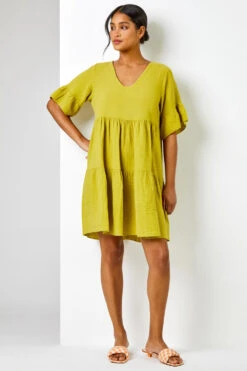 Pea Green Textured Tiered Smock Dress -Outlet Modi Qube Store d3679649 76e7 4a34 b881 5521ff4c2318