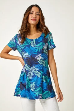 Blue Palm Print Pocket Tunic Stretch Top