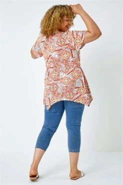 Orange Curve Sleeveless Aztec Midi Stretch Dress