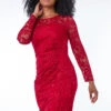 Red Petite Side Ruched Lace Dress